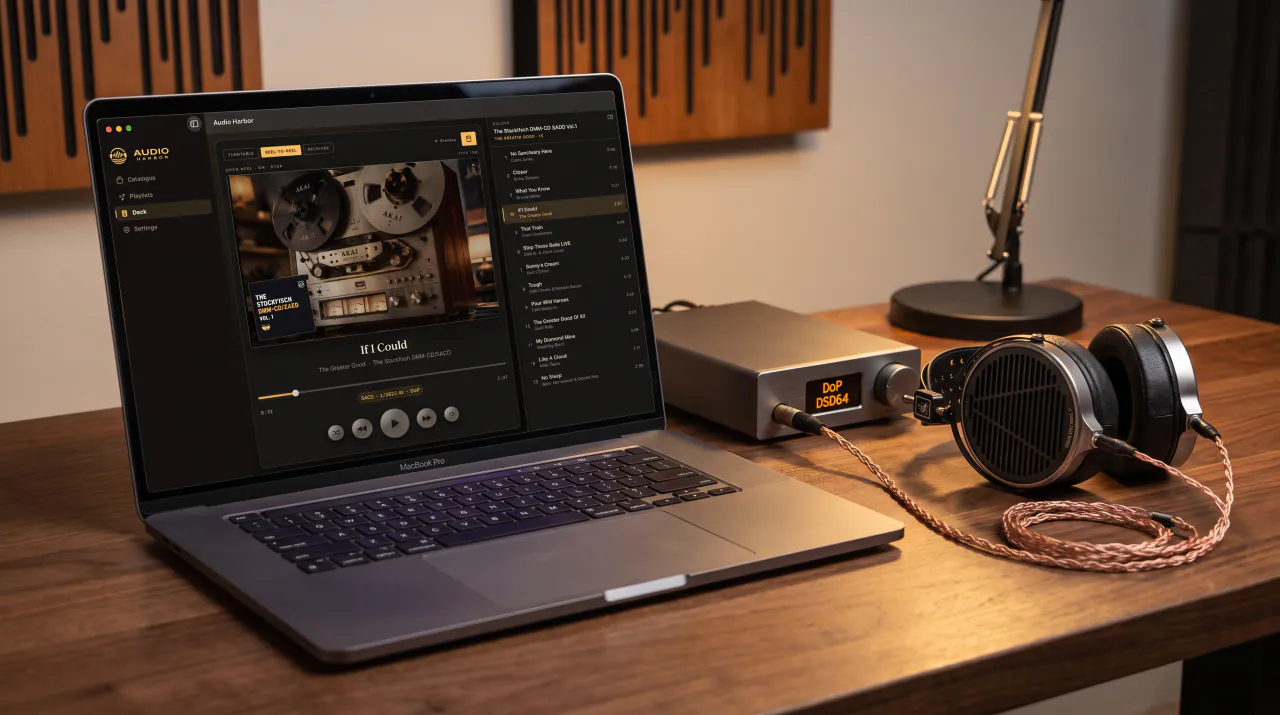 Audio Harbor on a MacBook on a walnut desk: the Deck playing a reel-to-reel record with the folder on the right, beside a DAC showing DoP DSD64 and open-back headphones