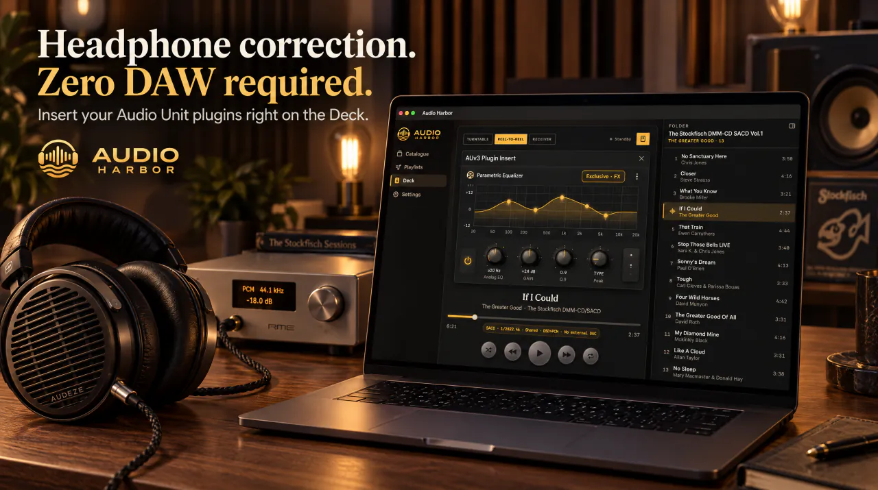 Headphone correction. Zero DAW required. Insert your Audio Unit plugins right on the Deck: a parametric EQ open on the Deck, path Exclusive · FX, headphones and a DAC beside the Mac
