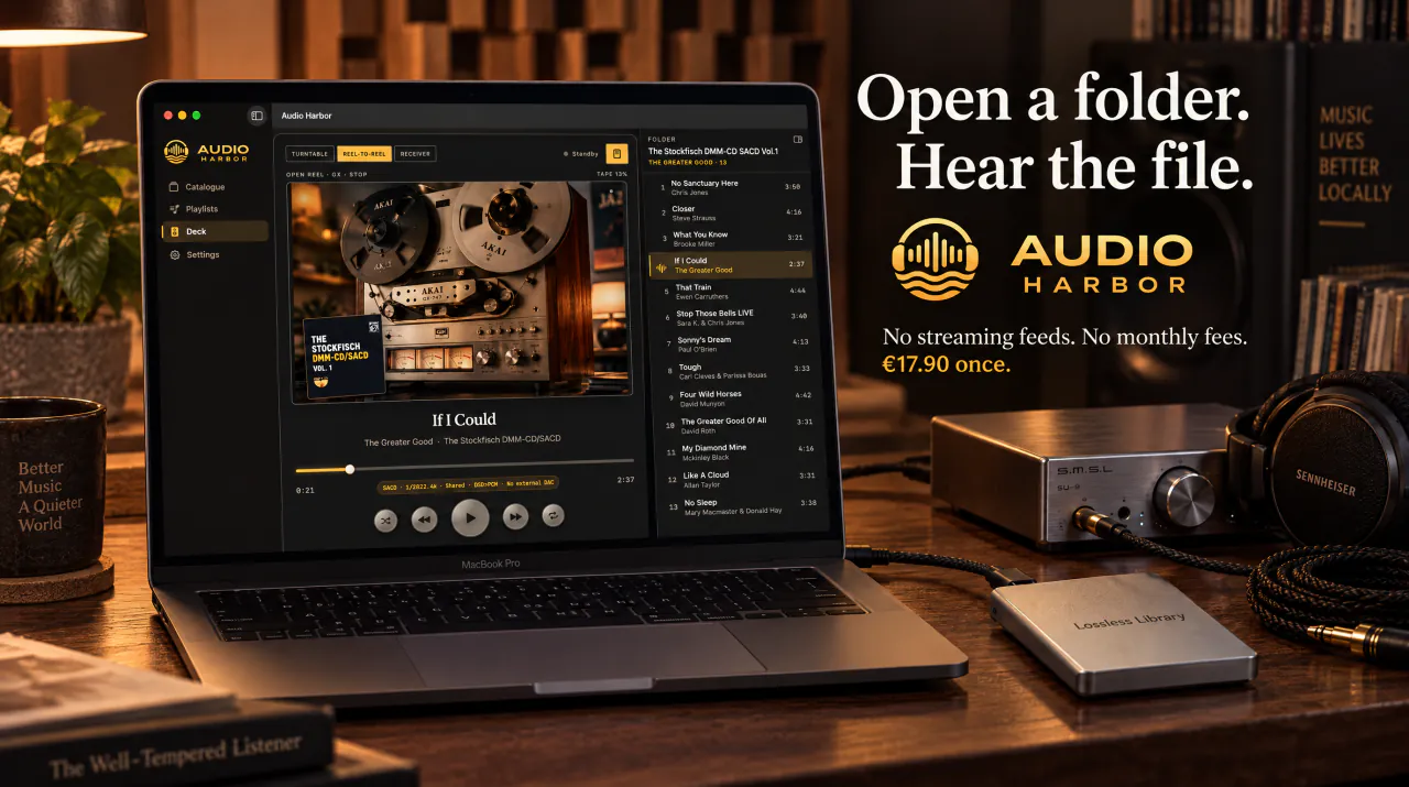 Open a folder. Hear the file. No streaming feeds. No monthly fees. €17.90 once. The Deck on a MacBook beside a DAC and an external drive labelled Lossless Library