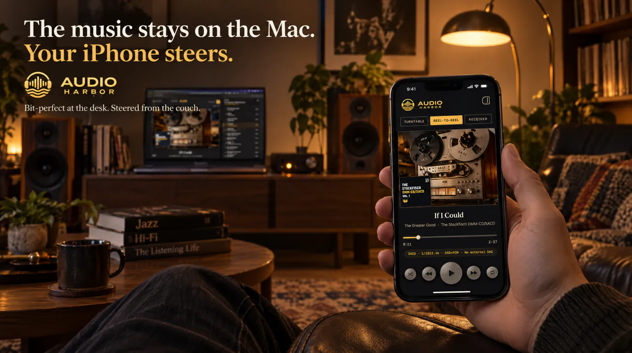 The music stays on the Mac. Your iPhone steers. A hand holds an iPhone showing the remote Deck, the Mac playing across the living room