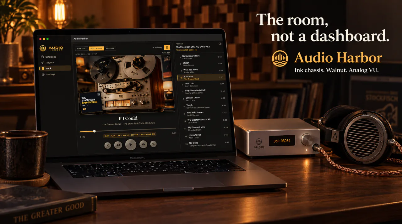 The room, not a dashboard. Audio Harbor — ink chassis, walnut, analog VU: the Deck on a MacBook in a dim listening room, a DAC and headphones beside it