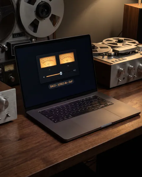 A MacBook between reel-to-reel decks, Audio Harbor's analog VU meters glowing, the badge reading SACD · DoP