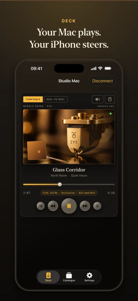 The Deck on iPhone: listening stage, transport, seek bar, and volume on the Mac