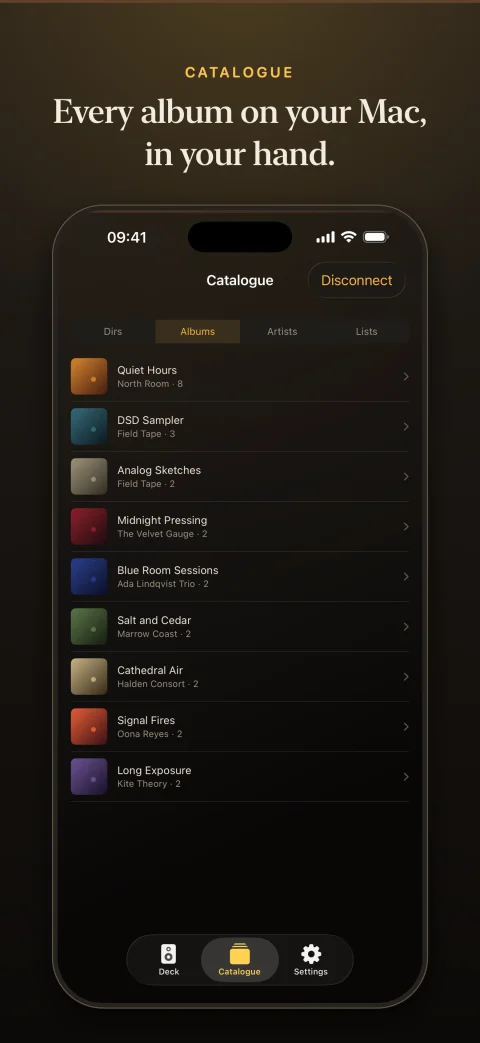 The Catalogue tab browsing the Mac's albums