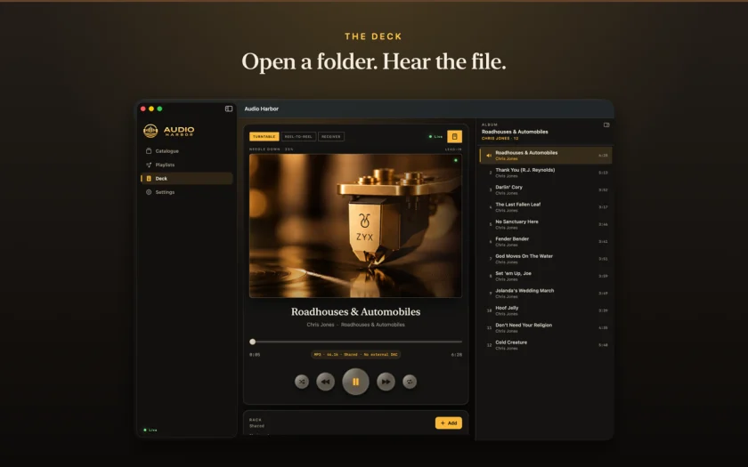 The Deck playing a record, with the queue on the right