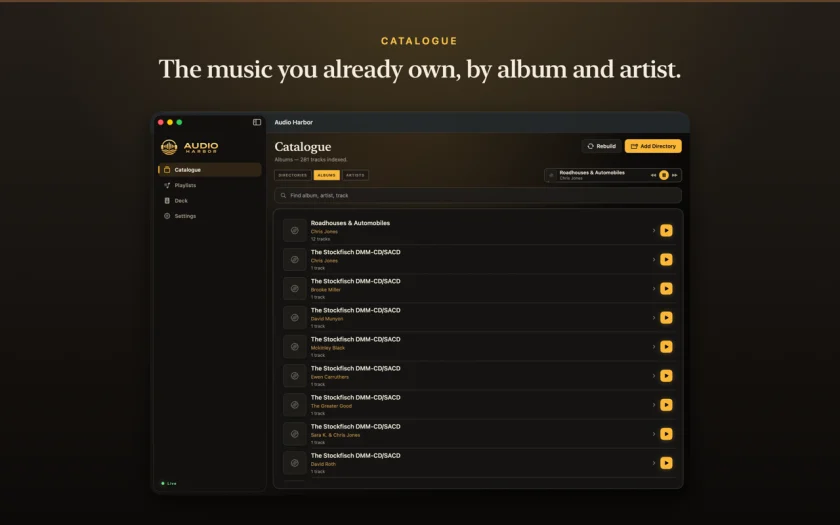 The Catalogue listing albums with artist and track count