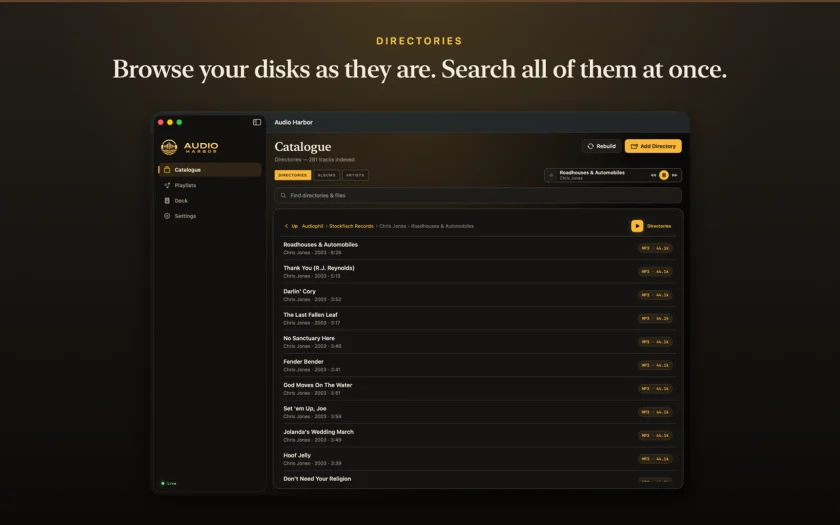 The Catalogue browsing directories, with a search field and a folder listing