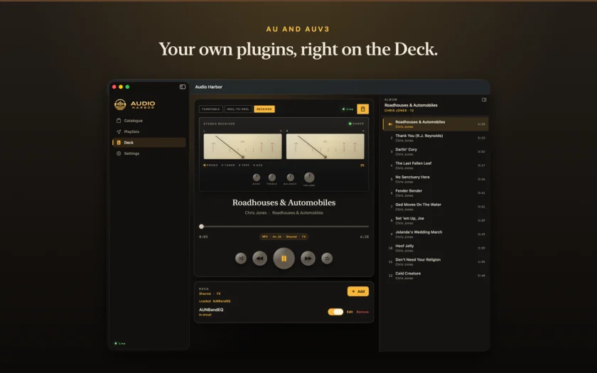 The Deck in its receiver face with VU meters and an EQ plugin in the rack
