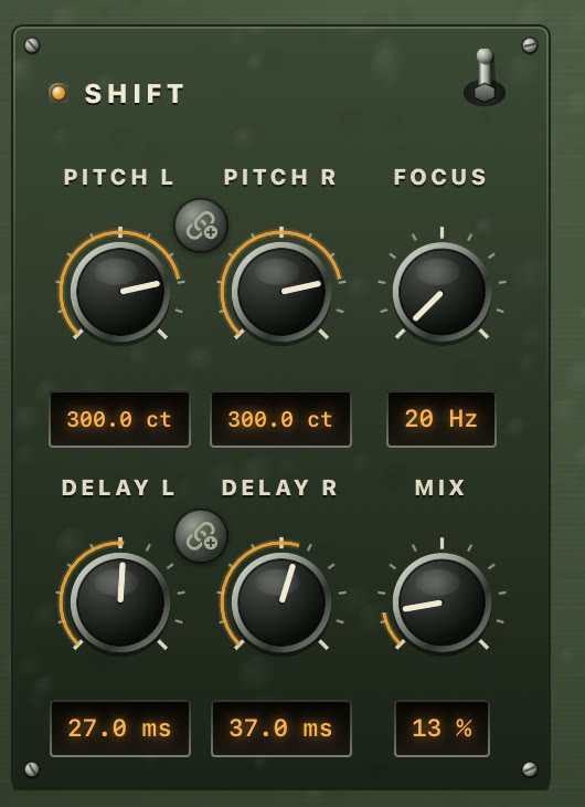 Close-up of the Shift sub-plate: bakelite knobs, printed scales, LED readouts