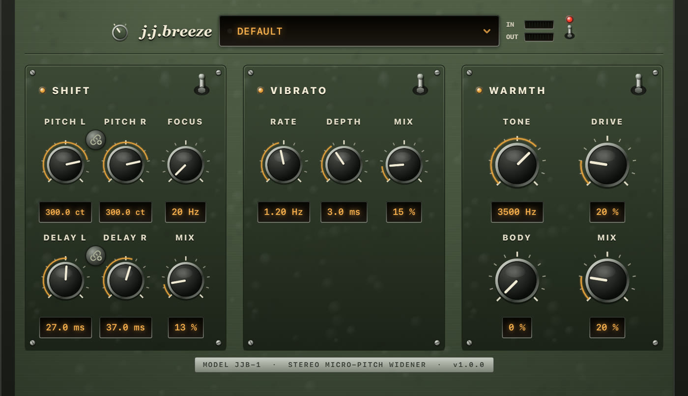 jj-breeze panel on iPad: hammered green plate with Shift, Vibrato and Warmth on screwed-down sub-plates