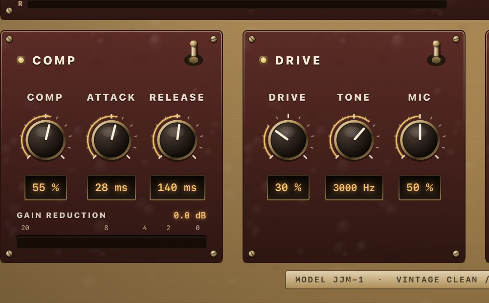 Close-up of the Comp and Drive sub-plates: bakelite knobs in brass collars, LED readouts