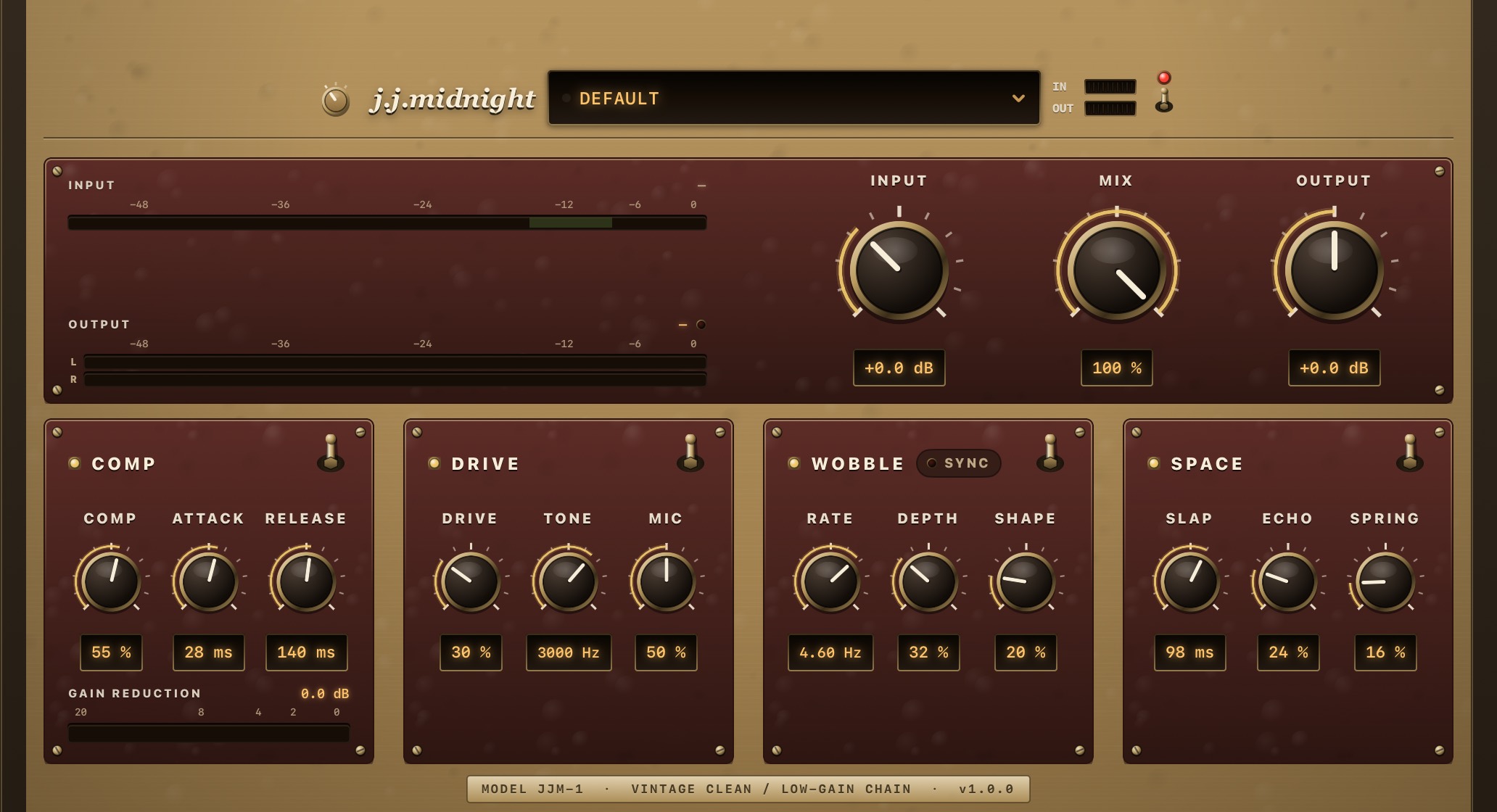 jj-midnight panel on iPad: a tweed plate carrying Comp, Drive, Wobble and Space side by side, each on its own oxblood sub-plate, with the master strip and output meter across the foot