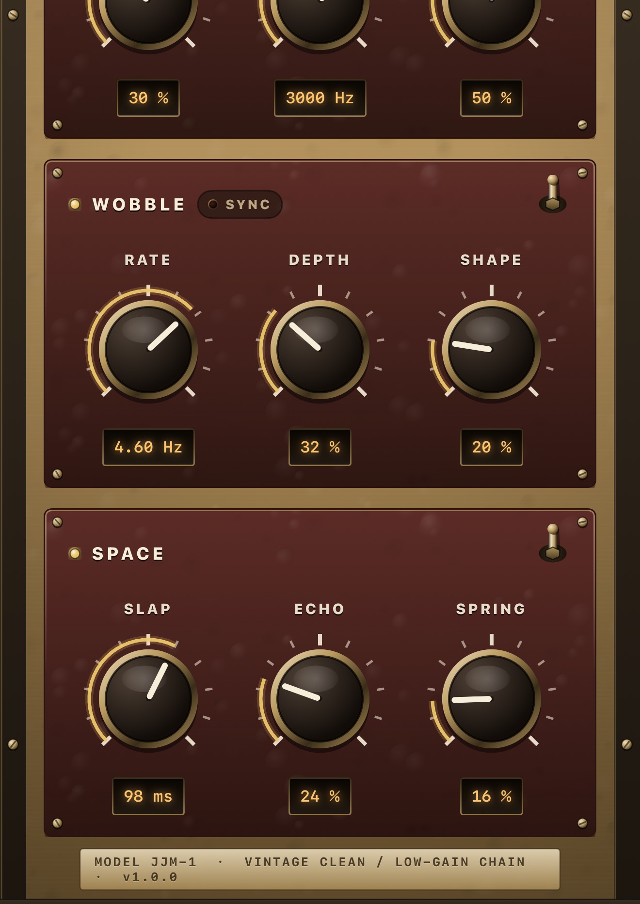 jj-midnight on iPhone scrolled down: Wobble and Space above the master strip with its Mix and Output knobs and stereo output meter