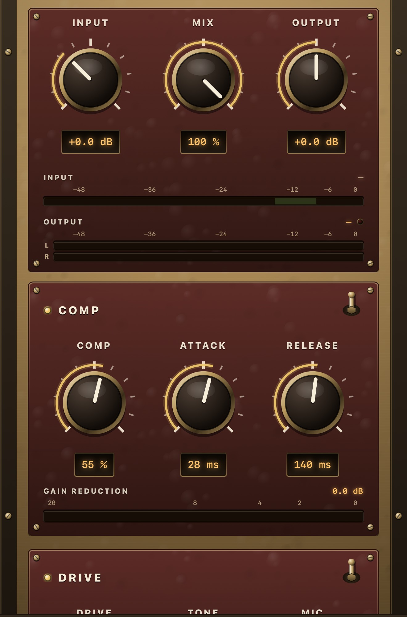 jj-midnight on iPhone: Comp with its gain-reduction meter above Drive, blocks stacked into a single column