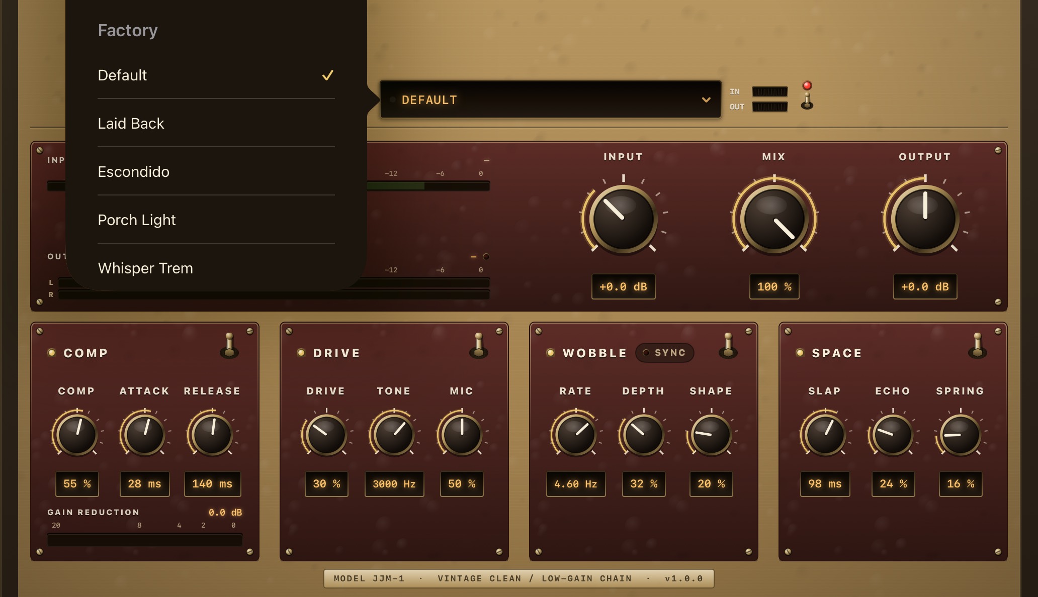 The preset dropdown open over the jj-midnight panel, listing Save As and the factory presets