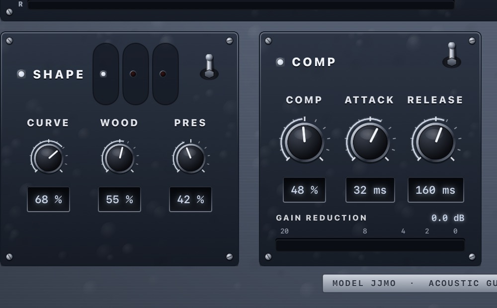 Close-up of Curve and Comp knobs and gain-reduction meter